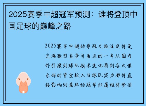 2025赛季中超冠军预测：谁将登顶中国足球的巅峰之路